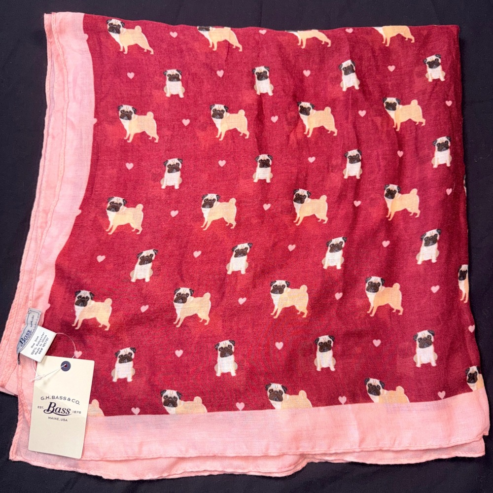 G.H. Bass & Co. Pug Hearts Scarf Red Pink‎ Lightweight Polyester One Size